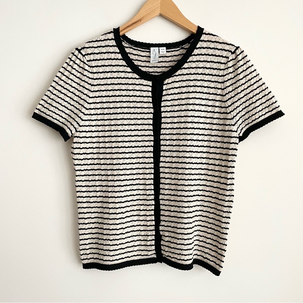 Joie Striped Pointelle Knit Crewneck Short Sleeve Cardigan Top Beige/Black